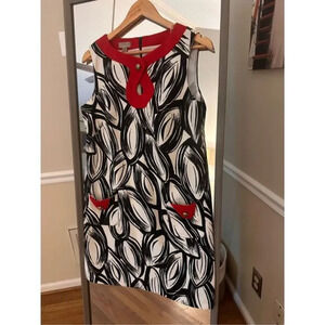 Kim Rogers Petite 14P Shift Dress Black White Red Patterned Pockets leaf Retro